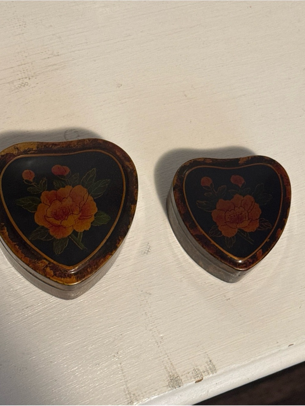2 Vintage Heart Shape w/Roses Nesting Trinket Box’s box